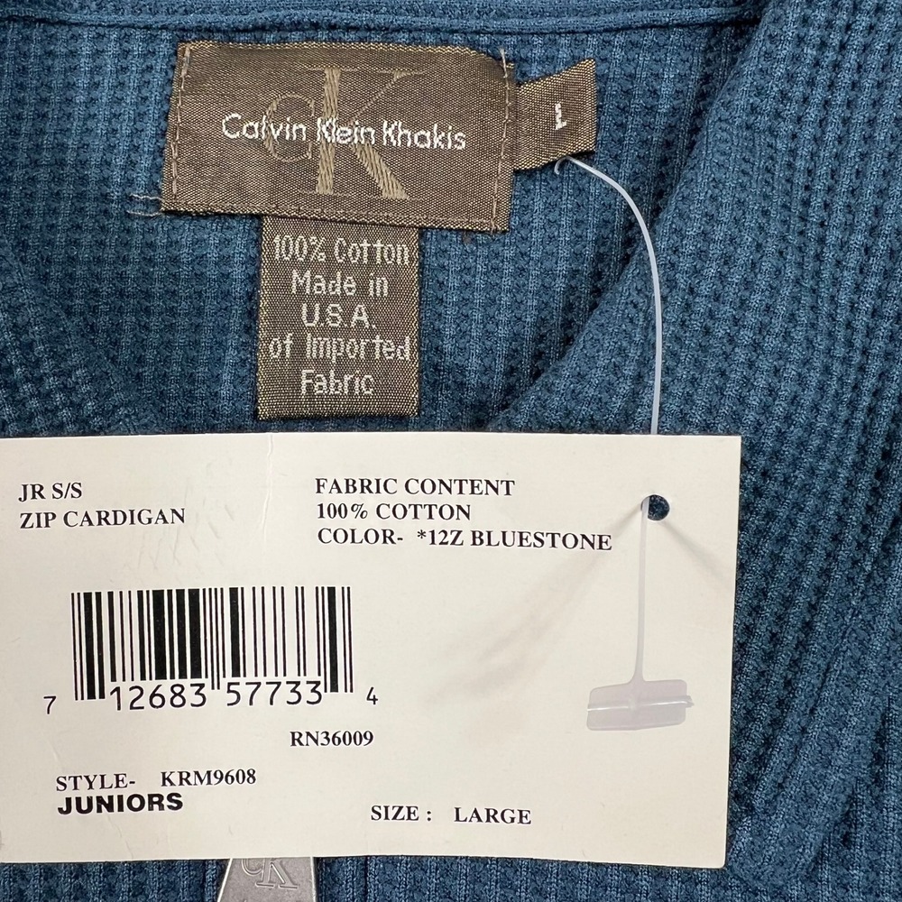 Calvin Klein Zip‎ Cardigan Juniors L Bluestone Teal Waffle Knit Short Sleeve VTG - Picture 4 of 10